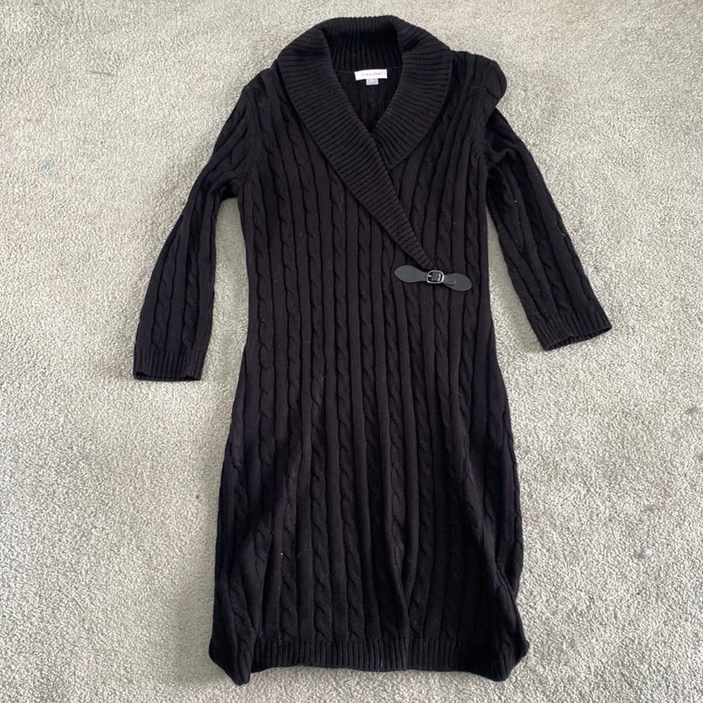 Calvin Klein ribbed knit sweater dress black shawl collar faux wrap M